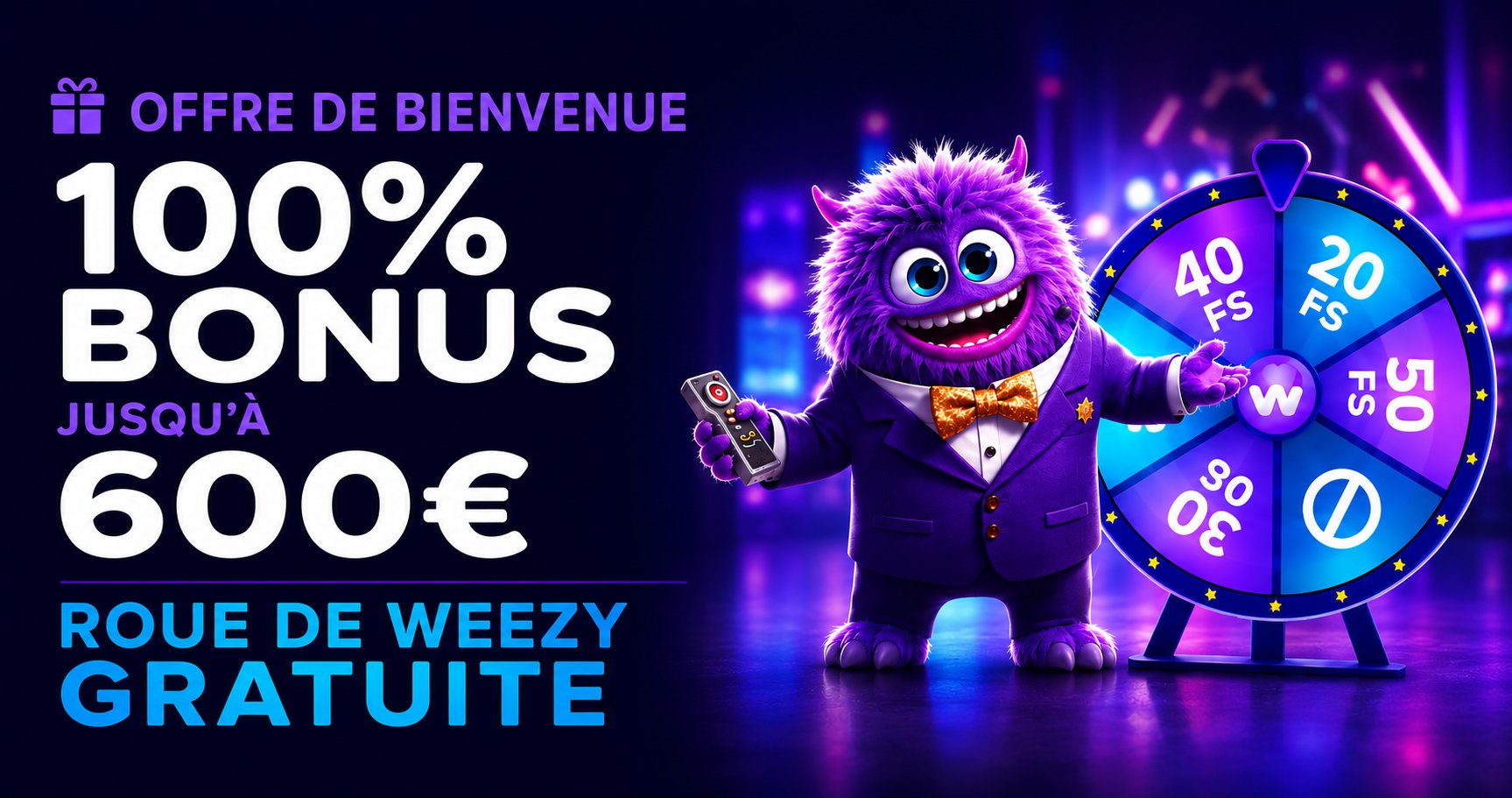 WeezyBet — 100% bonus jusqu'à 600€ + roue de Weezy gratuite